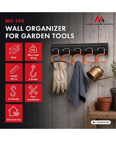 Maclean Wall-Mounted Garden Tool Organizer, steel, with hooks, max. load 30 kg, width 40 cm, MC-193 Мебель для прихожей