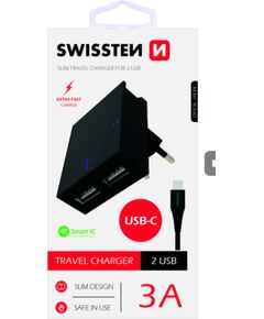 Swissten Tīkla Lādētājs USB 3А / 15W Ar USB-C vadu 1.2m Telefonu lādētāji 220v