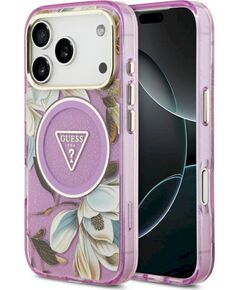 Guess IML Glitter Flowers Triangle MagSafe Case Aizsargapvalks priekš iPhone 18 Pro / violets Neoriģinālie Maciņi