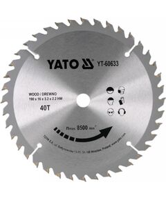 Griešanas disks kokam Yato YT-60633; 190x16 mm; Z40 Zāģripas