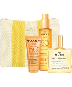 Summer Essentials Kit 2025 Set Nuxe: Sun, UV Protection, Sunscreen Cream, For Face, SPF 50, 50 ml + Huile Prodigieuse Multi-Purpose, Body Oil, For Face, Body & Hair, 50 ml + Sun, Anti-Ageing, Tanning Oil, SPF 50, 150 ml + Sun, GWP Textile Pouch, White & Y Парфюмерные наборы