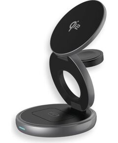 Prestigio Twist 3-in-1, wireless Qi2 charging station for iPhone (15W), AppleWatch (2.5W) & AirPods (5W), Qi2 certified, magnetic charging pads with stand function, foldable, power adapter 30W, USB-C charging cable 1 m, space gray Jaunumi - Datori