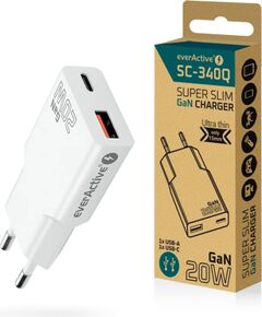 Charger everActive GaN SUPER SLIM SC-340Q USB QC3.0 and USB-C PD 20W Telefonu lādētāji 220v