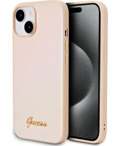 Guess -  Guess PU Leather Iridescent Metal Script Case for iPhone 15 Gold Neoriģinālie Maciņi