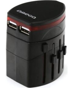 Omega 4in1 Universāls Strāvas ceļojuma adapteris / UK / EU / USA / China / + 2x USB 2.1A Melns