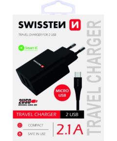 Swissten Premium Tīkla Lādētājs USB 2.1A / 10.5W Ar Micro USB vadu 120 cm Melns