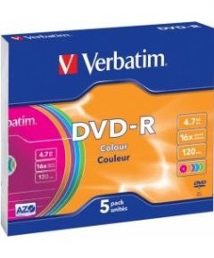 Matricas DVD-R AZO Verbatim 4.7GB 16x Colour, 5 Pack Slim