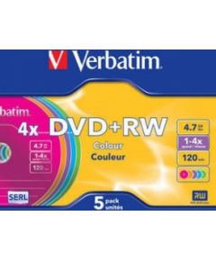 Matricas DVD+RW Verbatim 4.7GB 4x Colour, 5 Pack Slim