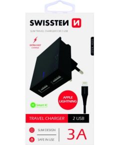 Swissten Premium Tīkla Lādētājs USB 3А / 15W Ar Lightning (MD818) vadu 120 cm Melns
