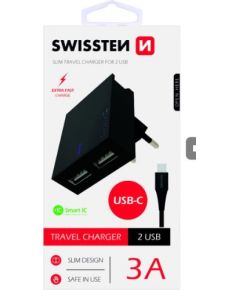 Swissten Premium Tīkla Lādētājs USB 3А / 15W Ar USB-C vadu 120 cm Melns