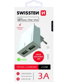Swissten MFI Premium Apple Sertificēts Tīkla Lādētājs USB 3А / 15W Ar Lightning (MD818) vadu 120 cm Balts