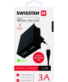 Swissten MFI Premium Apple Sertificēts Tīkla Lādētājs USB 3А / 15W Ar Lightning (MD818) vadu 120 cm Melns