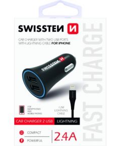 Swissten Premium Auto Lādētājs 12 / 24V / 1A + 2.1A + Lightning Datu Kabelis 100 cm Melns