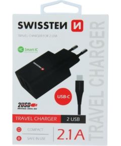 Swissten Smart IC Зарядное устройство 2x USB 2.1А c проводом USB-C 1.20 m Черное