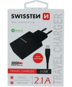 Swissten Smart IC Tīkla Lādētājs 2x USB 2.1A Ar Lightning (MD818) vadu 1.2 m Melns