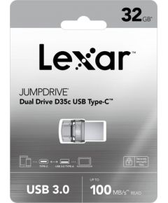 Lexar 32GB Dual Type-C and Type-A USB 3.0 flash drive, up to 100MB/s read