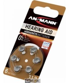 1x6 Ansmann Zinc-Air 312 (PR41) Hearing Aid Batteries
