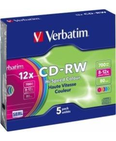 Matricas CD-RW SERL Verbatim 700 MB 8x-12X Colour, 5 Pack Slim