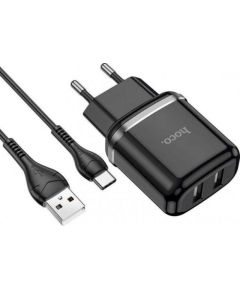 Hoco N4 universāls tīkla lādētājs 2 x USB / 5V / 2.4A + USB-C vads 1M melns