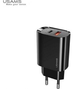 Usams US-CC121 tīkla adapteris-lādētājs 20W ar 2 portiem quick charging USB-C (Type-C) PD3.0 un quick charge USB priekš iPhone 11 / iPhone 12 Melns