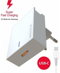 Swissten Premium 25W Samsung Super Fast Charging lādētājs ar 1.2 m USB-C uz USB-C kabeli Balts