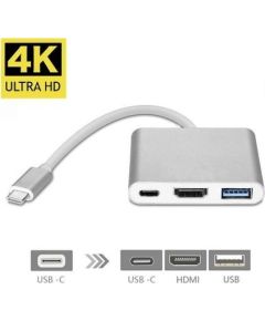 Fusion (3 in 1) USB-C Multiport Adapteris / USB 3.0 / HDMI / USB-C / Sudraba