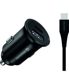 Swissten 35W Metāla automašīnas lādētāja adapteris ar 25 W Samsung SFC + 10 W USB / Melns