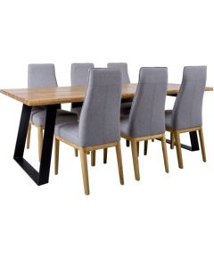Dining set ROTTERDAM with 6-chairs (19968) particle board with natural rustic oak veneer, black metal legs