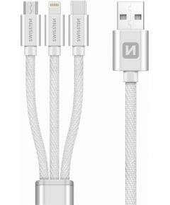 Swissten Textile Universal 3in1 USB-C / Lightning Data MFI / MircoUSB kabelis 1,2 m Sudraba