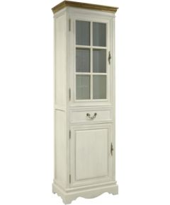 Vitrīnas skapis SAMIRA 60x35xH195,5cm, ar 2 durvīm un atvilkni, materiāls: koks, krāsa: antīki balta/brūna