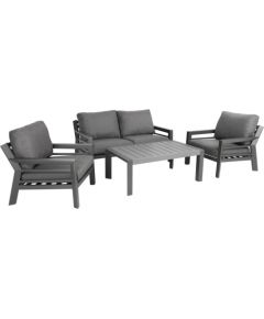 Dārza mēbeļu komplekts TOMSON galds, dīvāns un 2 krēsli, tumši pelēks alumīnija rāmis, pelēki spilveni