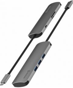 Swissten USB-C Sadalītājs 6in1 ar 3X USB 3.0 / 1X USB-C Power Delivery / 1X microSD / 1X SD / Alumīnija korpuss