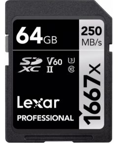 Lexar карта памяти SDXC 64ГБ Pro 1667x U3 V60 250МБ/с