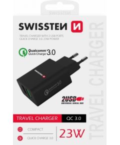 Swissten Premium Tīkla Lādētājs 2x USB / QC3.0 23W Melns Telefonu lādētāji 220v
