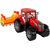 Sarkans traktors ar oranžu kultivatora rīku
