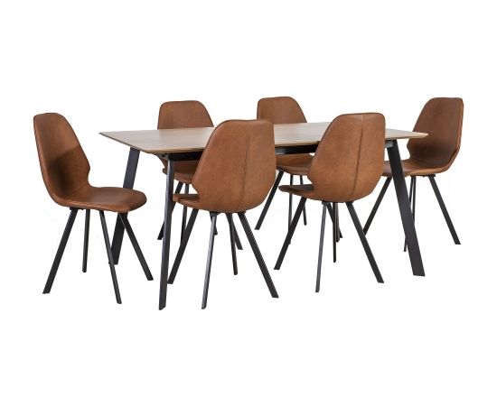 Ēdamistabas komplekts HELENA ar 6 krēsliem (20078) galda virsma: ozola finieris MDF, apdare: lakots, kājas: melns metāls