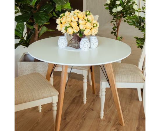 Ēdamistabas galds HELENA WHITE D100x75cm, virsma: 18mm MDF, krāsa: balts, ozolkoka kājas