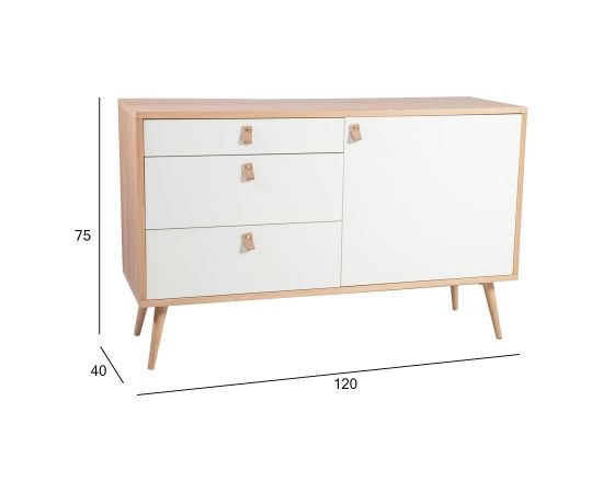Kumode HELENA WHITE durvis un 3-atviktns 120x40xH75cm, materiāls: MDF, krāsa: dabīgs / balts Kumodes