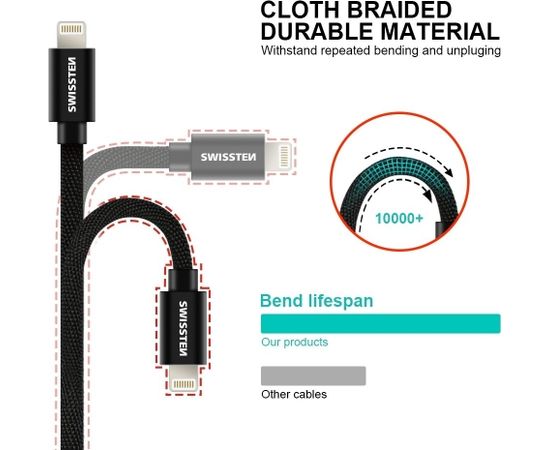 Swissten Textile Universāls Quick Charge 3.1 USB-C uz Lightning Datu un Uzlādes Kabelis 2m Melns