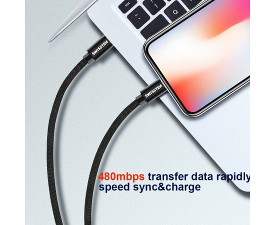 Swissten Textile Universāls Quick Charge 3.1 USB-C uz Lightning Datu un Uzlādes Kabelis 2m Melns