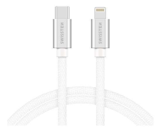 Swissten Textile Universāls Quick Charge 3.1 USB-C uz Lightning Datu un Uzlādes Kabelis 2m Sudraba