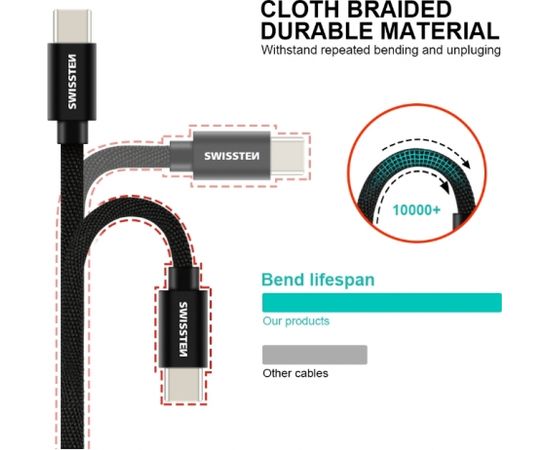 Swissten Textile Universāls Quick Charge 3.1 USB-C Datu un Uzlādes Kabelis 3m Melns