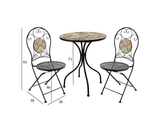 Balkonu komplekts MOROCCO galds un 2 krēsli (38682), mozaīkas augšdaļa ar krāsainiem motīviem, melna metāla rāmis