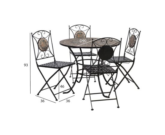 Садовая мебель MOSAIC стол и 4 стула (38666), D90xH70cм, мозаиковая плитка, металлическая рама, цвет: чёрный
