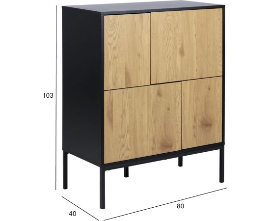 Kumode SEAFORD, 80x40xH103cm, rāmis MDF, lakots, matēts melns, 4 durvis, savvaļas ozolkoka papīrs, metāla kājas, pulverp