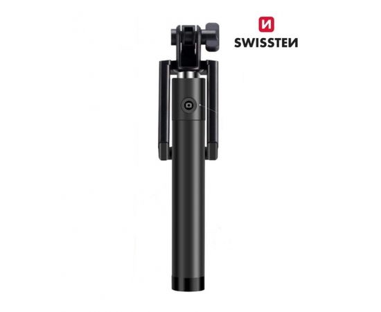 Swissten Wired Selfie Stick 81cm ar iebūvētu pogu statīvā Melns