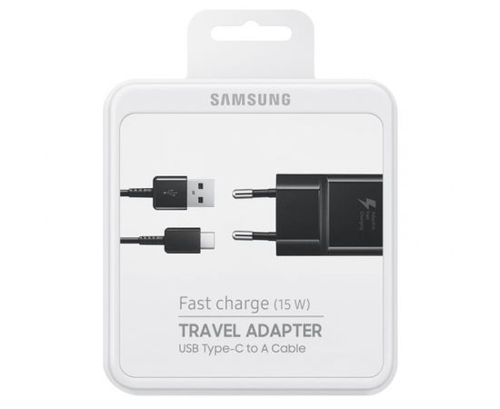 Samsung EP-TA20EBECGWW / Quick Charge 3.0 / 15W Зарядное устройство + Type-C USB Провод / Черное