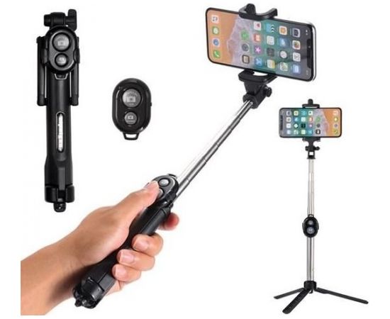 RoGer Selfie Stick + Tripod Statnis ar Bluetooth Tālvadības pulti Melns
