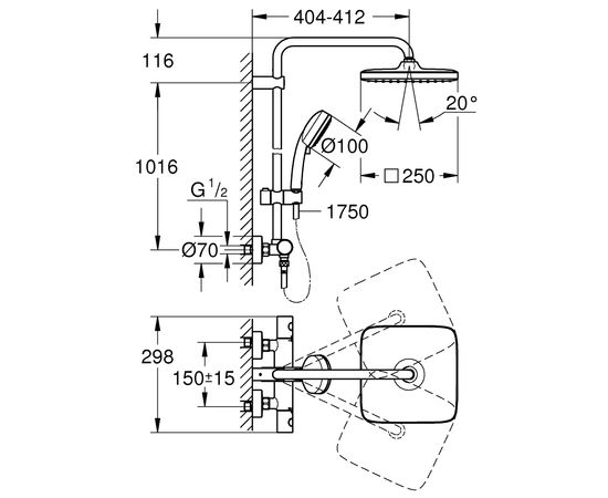 Grohe Tempesta Cosmopolitan 250 dušas termostata sistēma ar kvadrātveida augšējo galvu, 26689000, hromēta