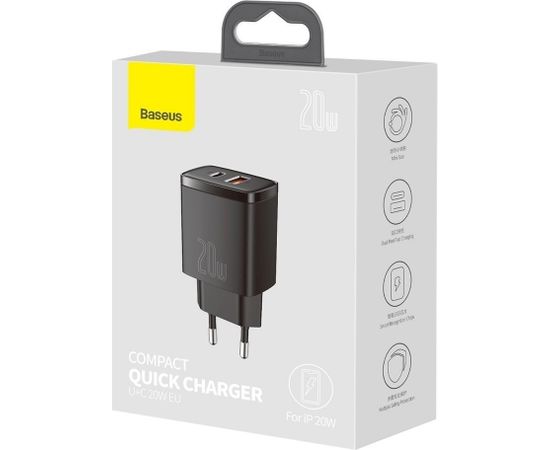 Baseus CCXJ B01 Compact Quick Charger USB, USB-C, 20W melns lādētājs